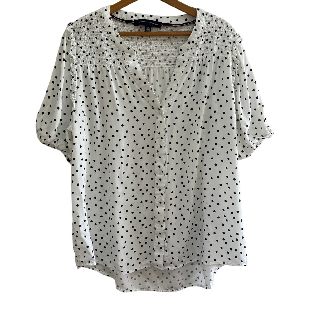 Polka Dot Smocked Yoke Blouse - White/Black